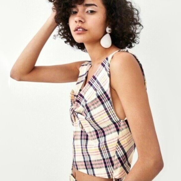 NWOT Zara checkered plaid crop top with knot bow & keyhole detail, S - Picture 5 of 14